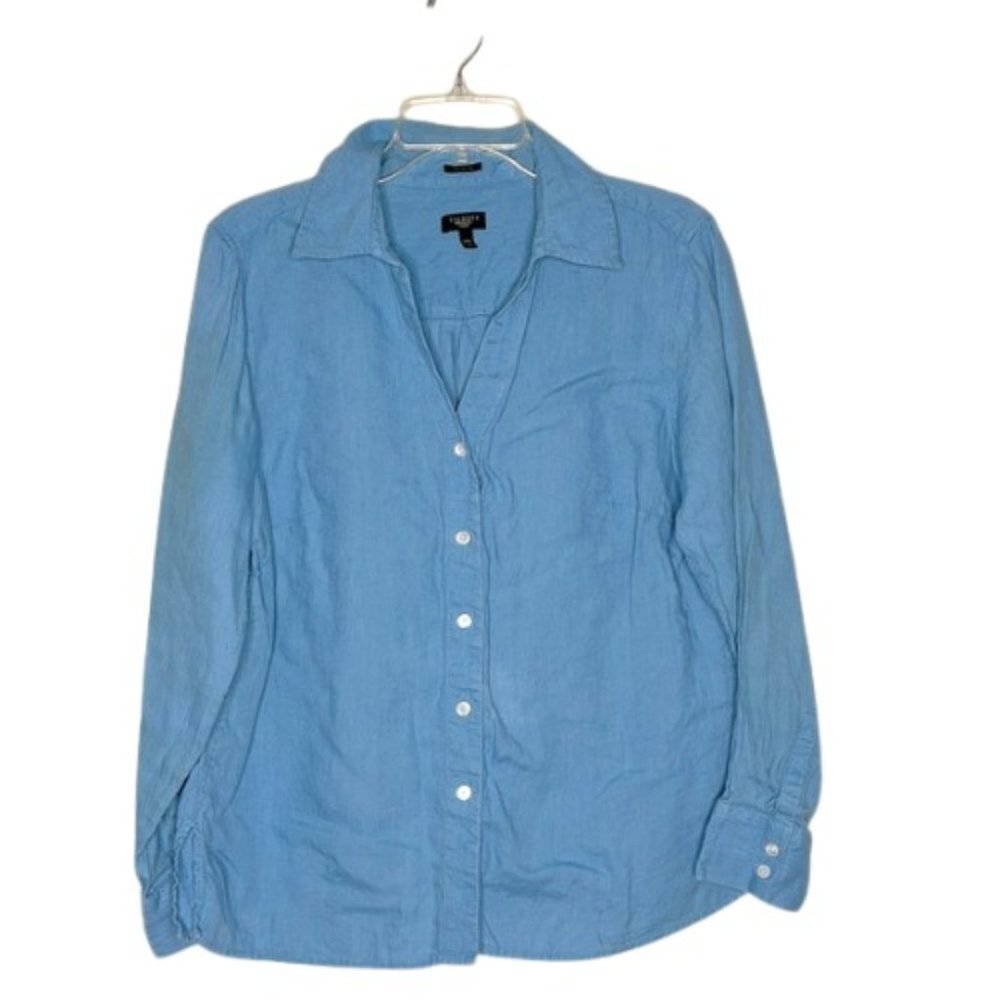 Talbots Blue 100% Irish Linen Long Sleeve Button Down Coastal Grandma Lagenlook‎